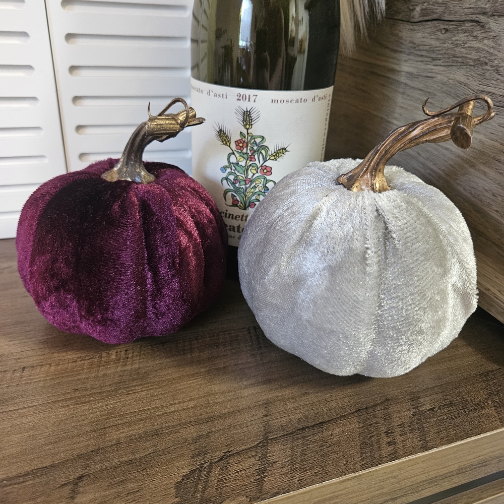 Velvet Decorative Pumpkins in Purple (Burgandy) and Silver EUC